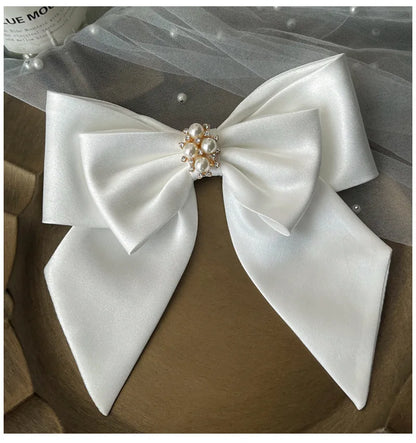 Elegant White Satin Bow Bridal Hair Clip