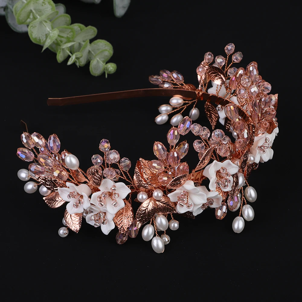 Trendy Flower Leaf Bridal Crown – Pearl Crystal Wedding Headband