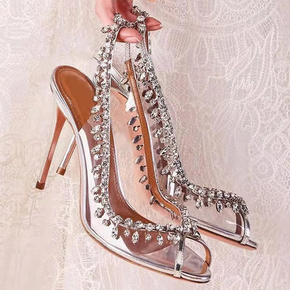 New Summer Transparent Sandals – Fish Mouth Stiletto Heels with Rhinestone Chain