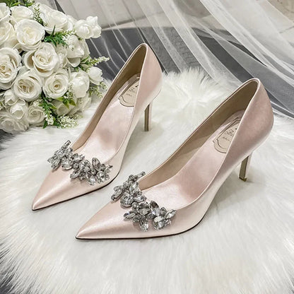 New White Champagne Bridal Shoes – Faux Silk Satin Rhinestone Stiletto Pumps