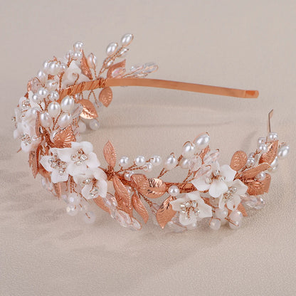 Trendy Flower Leaf Bridal Crown – Pearl Crystal Wedding Headband