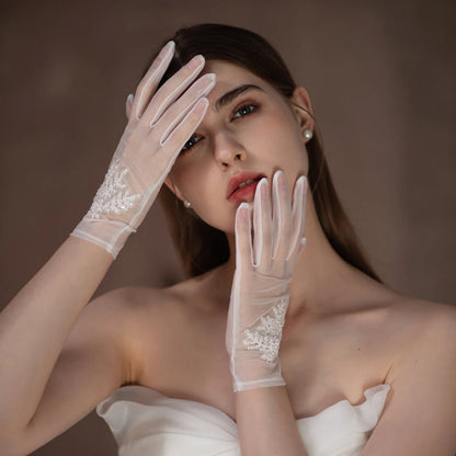 Short Tulle Bridal Gloves – Crystal Beaded Lace Appliqué