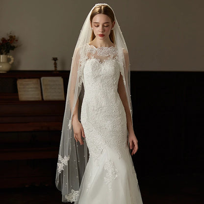 Canan Pearl & Lace Appliqué Bridal Veil – One-Layer Long Tulle