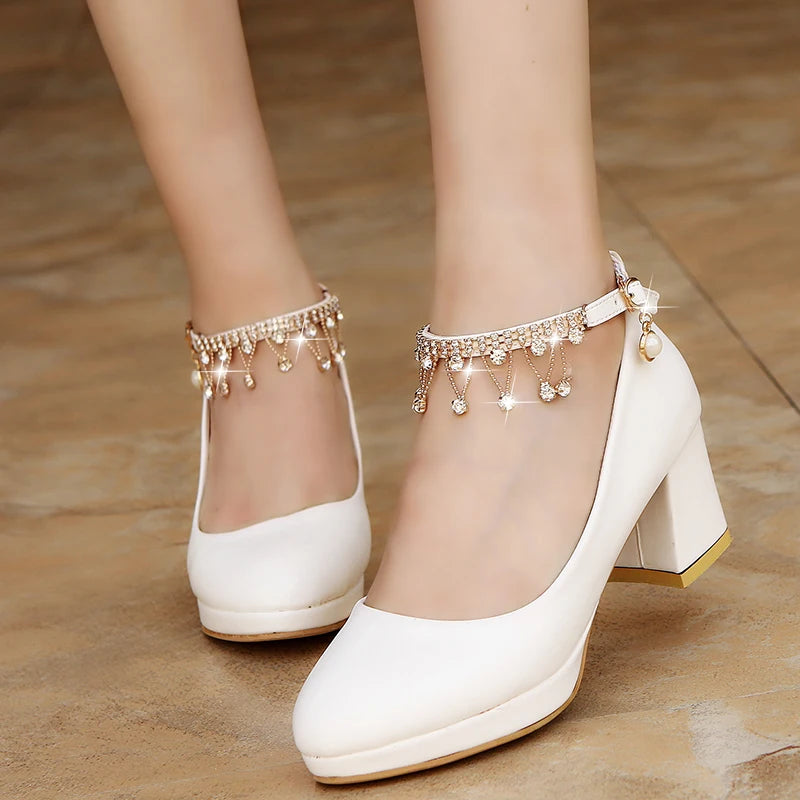 Maogu Crystal Pearl Bridal Shoes – Ankle Strap High Heel Pumps for Wedding & Party