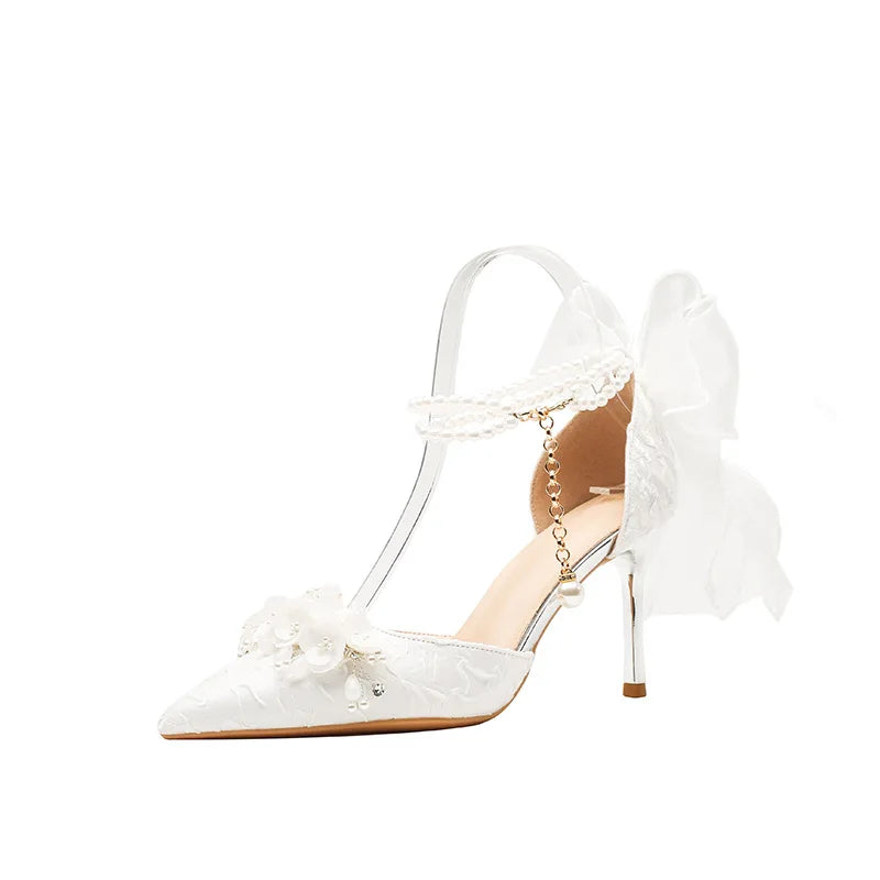 Pearl Bow Stiletto Bridal Heels – White