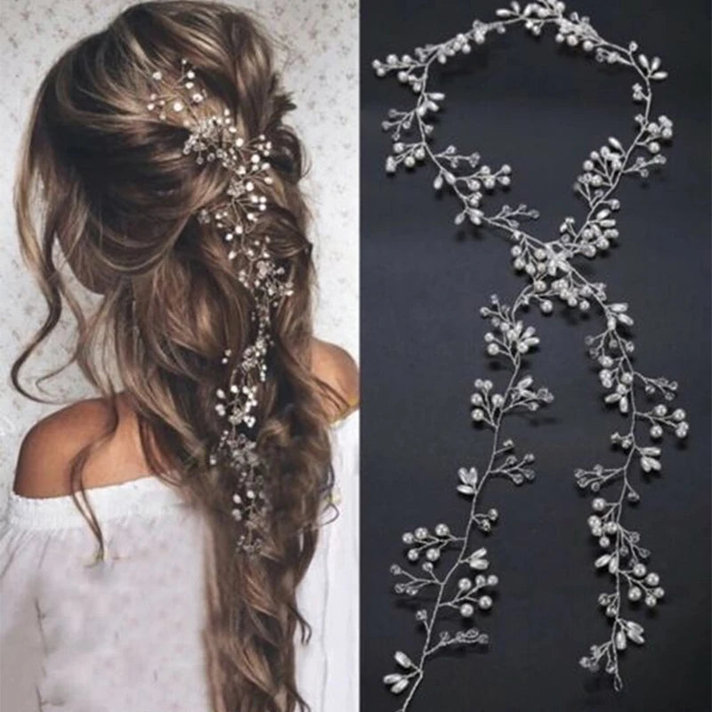 Crystal Pearl Bridal Tiara – 35cm Diamante Hair Vine & Wedding Accessories