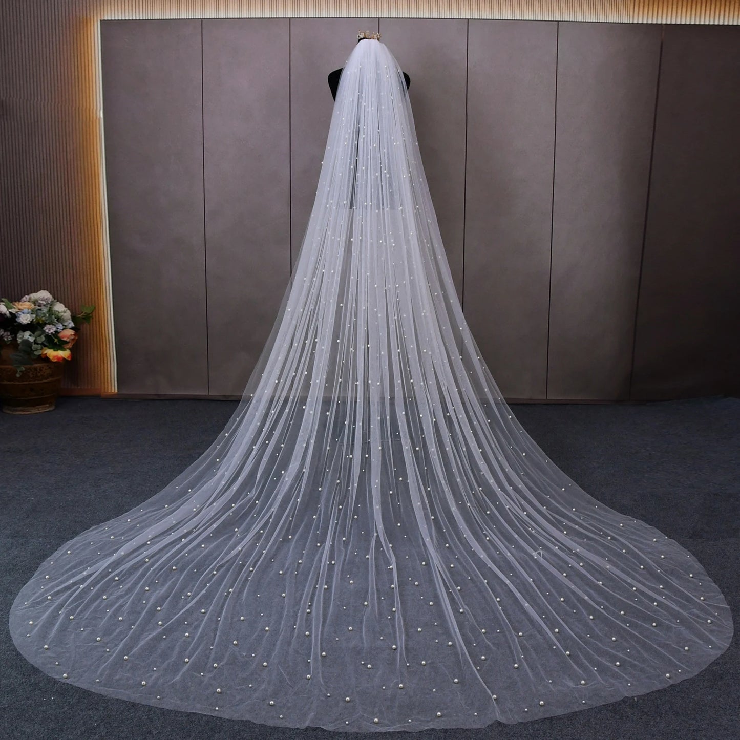 Royal Cathedral Wedding Veil – 3M Wide Beaded Bridal Church Veil with Comb