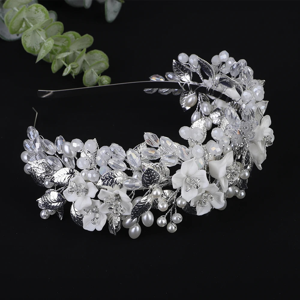 Trendy Flower Leaf Bridal Crown – Pearl Crystal Wedding Headband