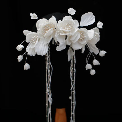 Bridal Satin Pearl Flower comb Beaded Tassel Hairpin Simple and Advanced Wedding Hair Accessories.