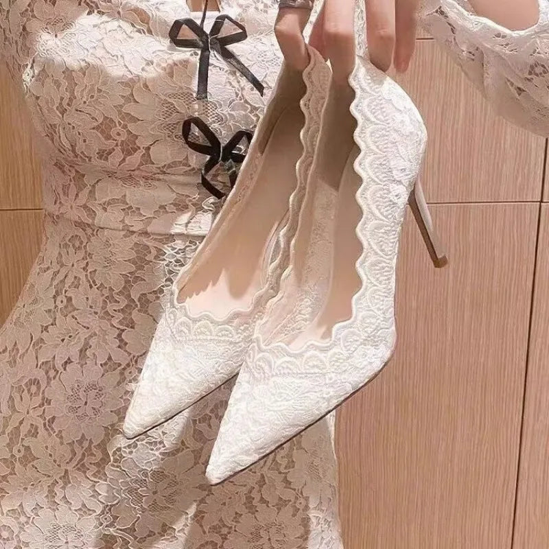 White Lace Bridal Stilettos – Pointed Toe French High Heels for Elegant Weddings