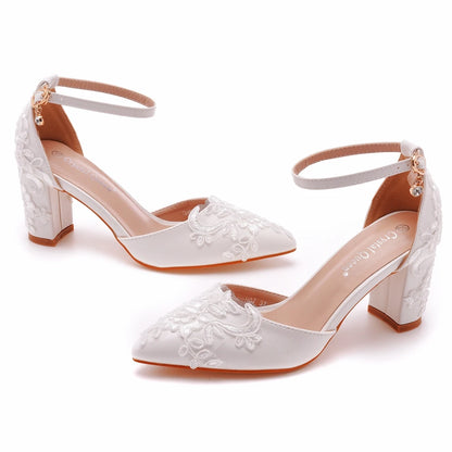 White Lace Wedding Shoes – 7CM Flower High Heel Sandals with Buckle