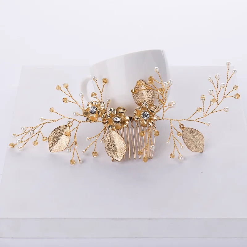 Metal Leaf & Pearl Crepe Bridal Hair Comb