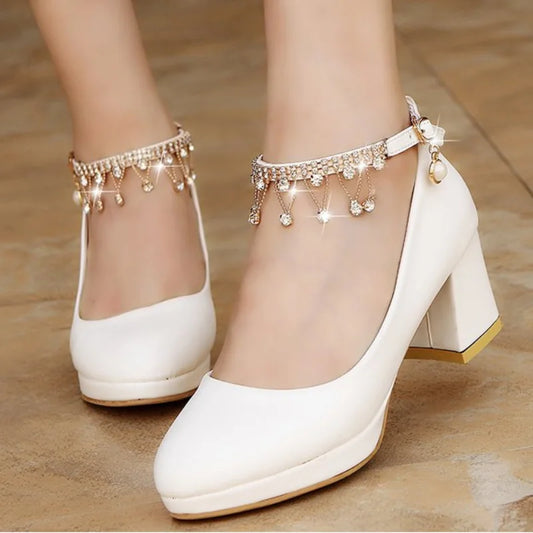 Maogu Crystal Pearl Bridal Shoes – Ankle Strap High Heel Pumps for Wedding & Party