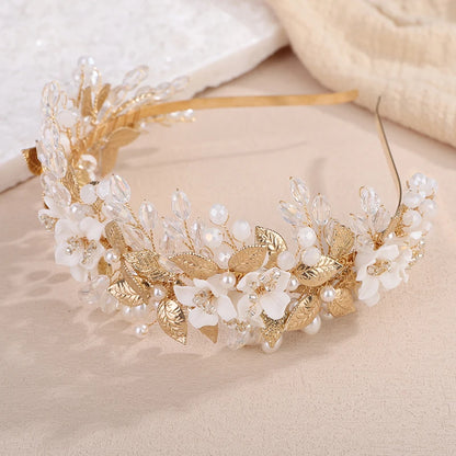 Trendy Flower Leaf Bridal Crown – Pearl Crystal Wedding Headband