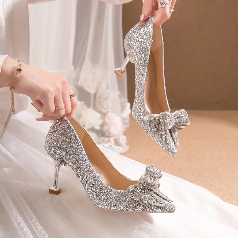 Women's Rhinestone Wedding Shoes – Luxury High Heels for Banquets & Events