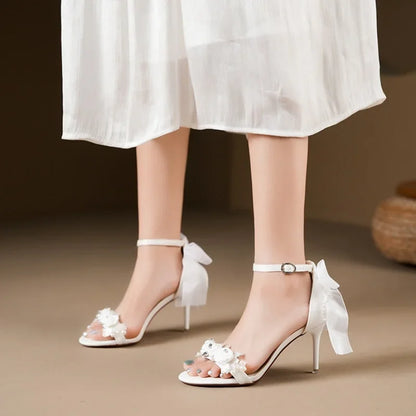 Satin Pumps – Floral Rhinestone Bow Stiletto Heels for Wedding & Banquet