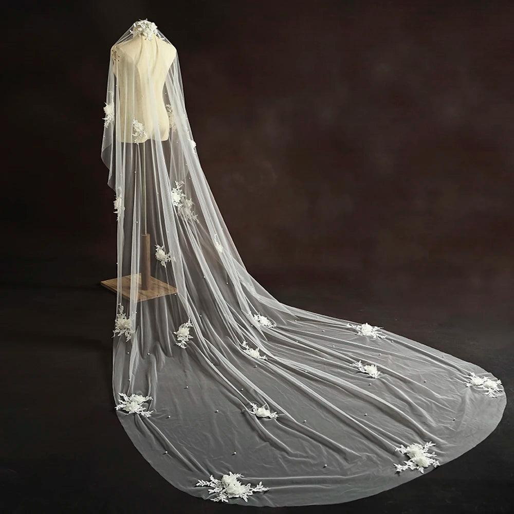 Luxury 3D Flower Pearl Wedding Veil – Long Cathedral Bridal Veil with Comb