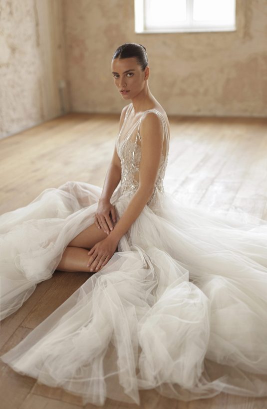 Sleeveless A-line Corset Wedding Dress from Soft Tulle and Delicate Lace
