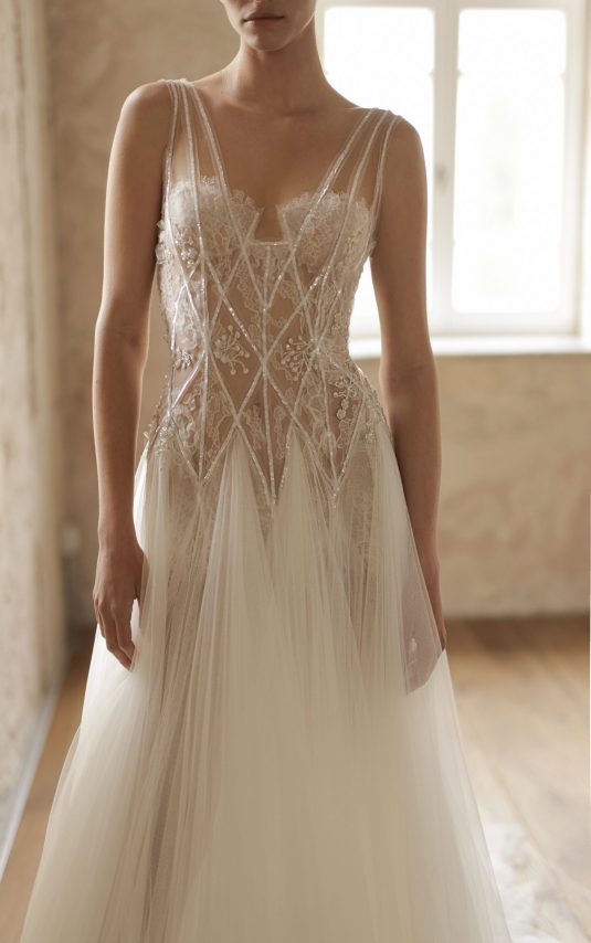 Sleeveless A-line Corset Wedding Dress from Soft Tulle and Delicate Lace