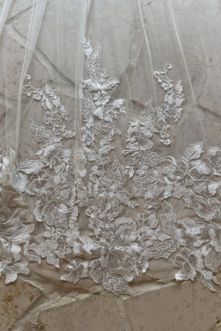 Exquisite Cathedral Wedding Veil with Embroidered Floral Lace