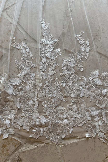 Exquisite Cathedral Wedding Veil with Embroidered Floral Lace