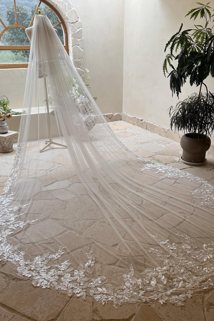 Exquisite Cathedral Wedding Veil with Embroidered Floral Lace