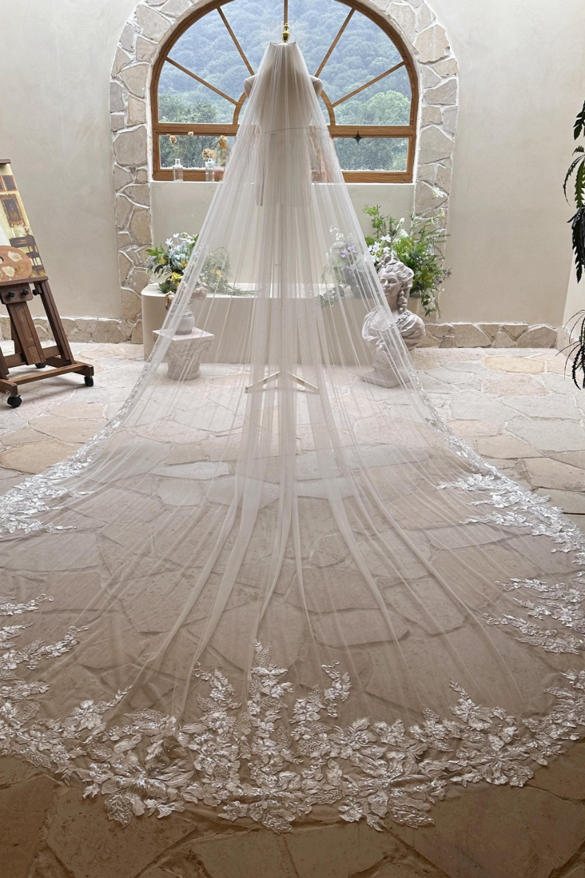 Exquisite Cathedral Wedding Veil with Embroidered Floral Lace