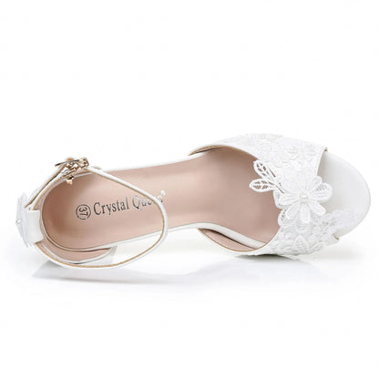 7CM White Lace Pearl Ribbon Sandals – Square Heel Open Toe Wedding Shoes