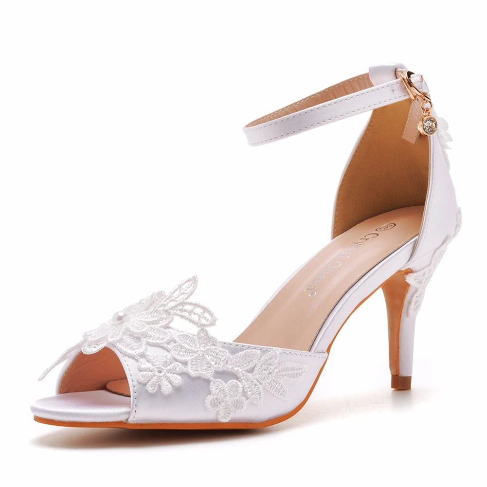 Crystal Queen White Lace Pearl Sandals – Open Toe Stiletto High Heels for Weddings & Banquets