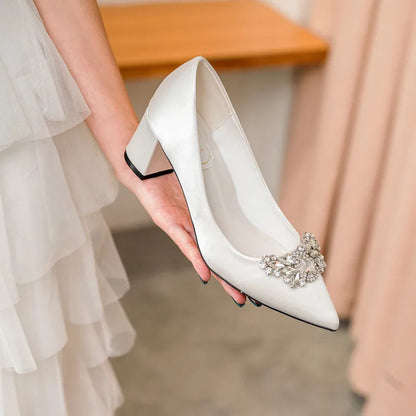 White Rhinestone Bridal Pumps – Thick Heel Pointed Toe Mid-Heel Wedding Shoes