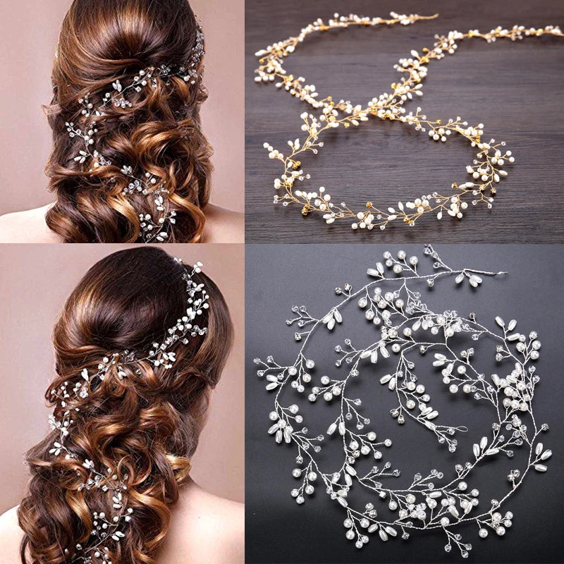 Crystal Pearl Bridal Tiara – 35cm Diamante Hair Vine & Wedding Accessories