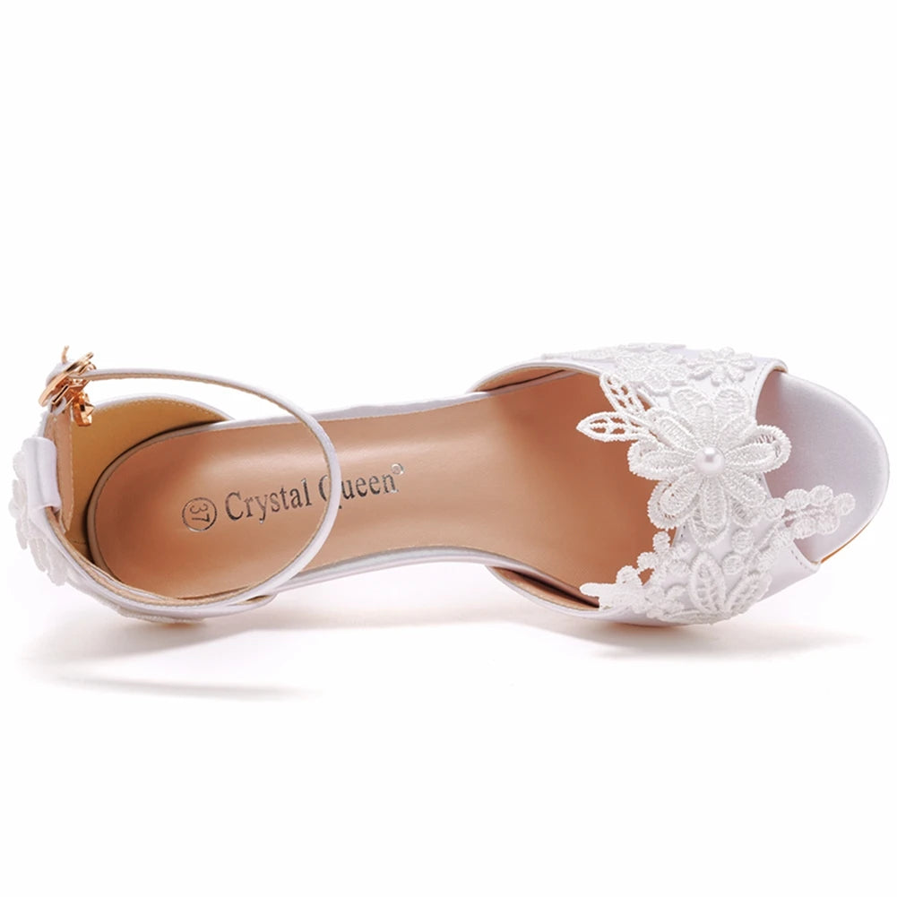 Crystal Queen White Lace Pearl Sandals – Open Toe Stiletto High Heels for Weddings & Banquets