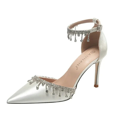 White Satin Wedding Pumps – Rhinestone Fringe High Heels for Bridesmaids