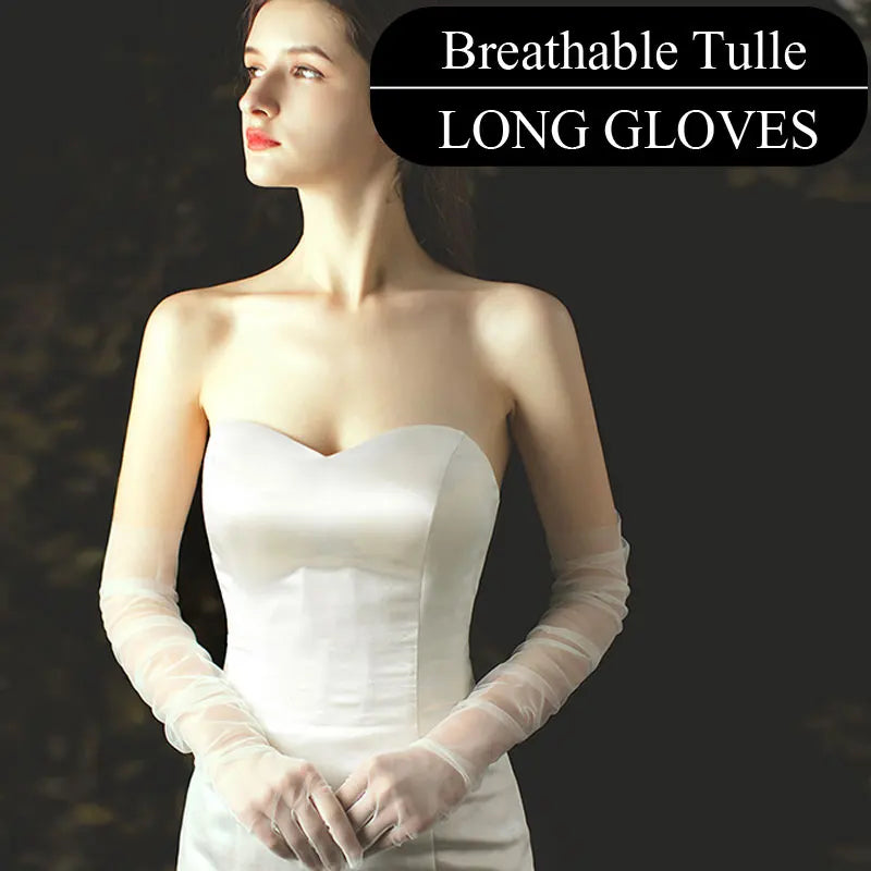 Elegant Long Tulle Gloves – White/Black Breathable Bridal Gloves