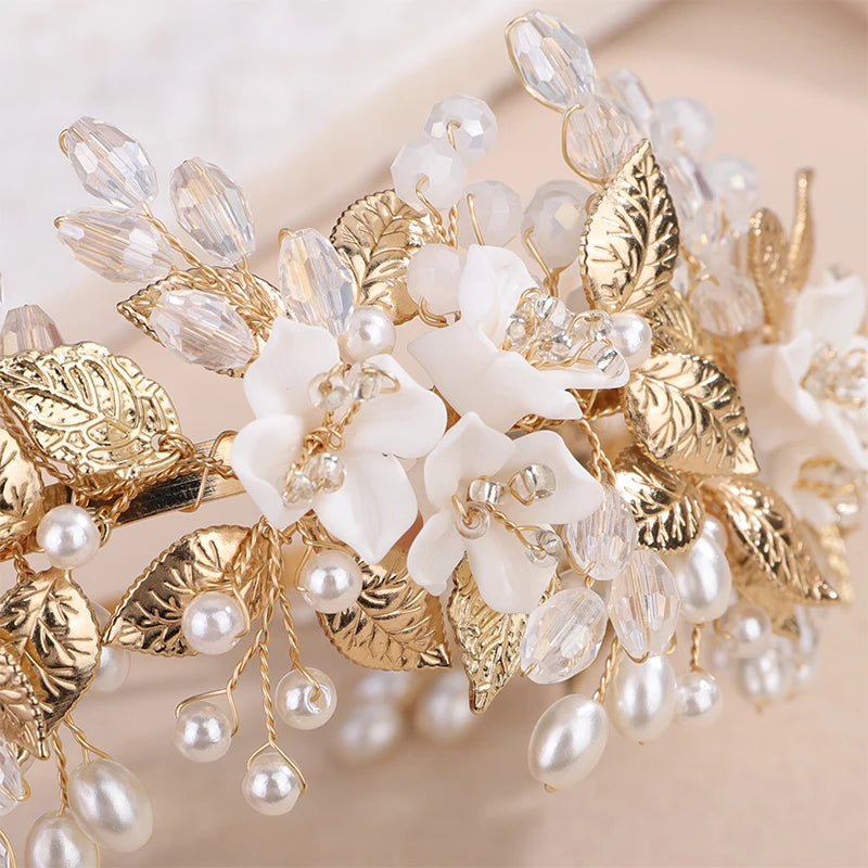 Trendy Flower Leaf Bridal Crown – Pearl Crystal Wedding Headband