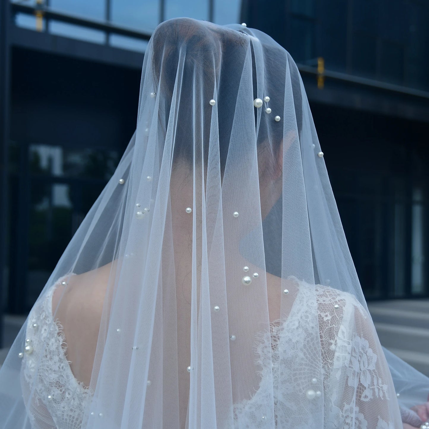 Elegant 2-Tier Bridal Veil – Soft Tulle Pearl-Adorned Wedding Veil with Blusher