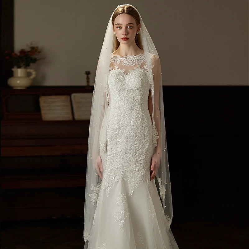 Canan Pearl & Lace Appliqué Bridal Veil – One-Layer Long Tulle