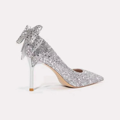 French Silver Sequin Wedding Pumps – Elegant High Heels with Rhinestone Bow