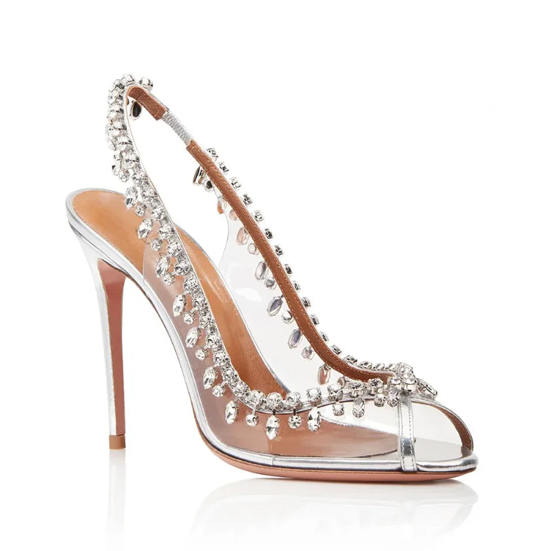 New Summer Transparent Sandals – Fish Mouth Stiletto Heels with Rhinestone Chain