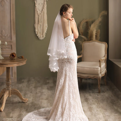 Canan Hollow Lace Bridal Veil – One-Layer Soft Tulle