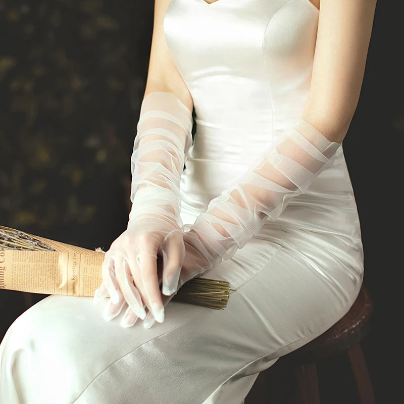 Elegant Long Tulle Gloves – White/Black Breathable Bridal Gloves