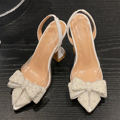 Eilyken Spring Butterfly-knot PVC Transparent Bead Pumps – Pointed Toe High Heel Party Mules