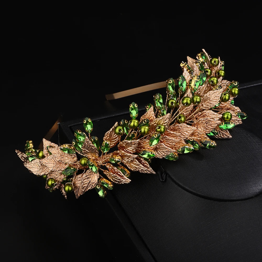 Trendy Green Pearl Rhinestone Crown – Gold Leaf Wedding & Party Tiara