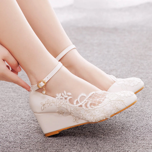 White Lace Wedding Shoes – 5CM Wedge Platform High Heel Ankle Strap Pumps