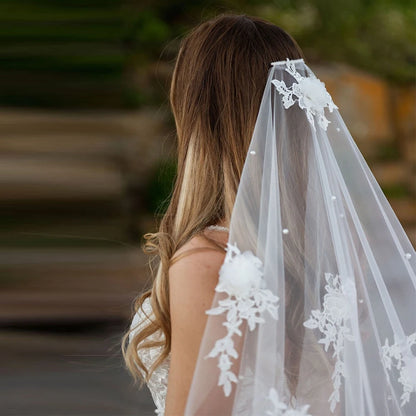 Luxury 3D Flower Pearl Wedding Veil – Long Cathedral Bridal Veil with Comb