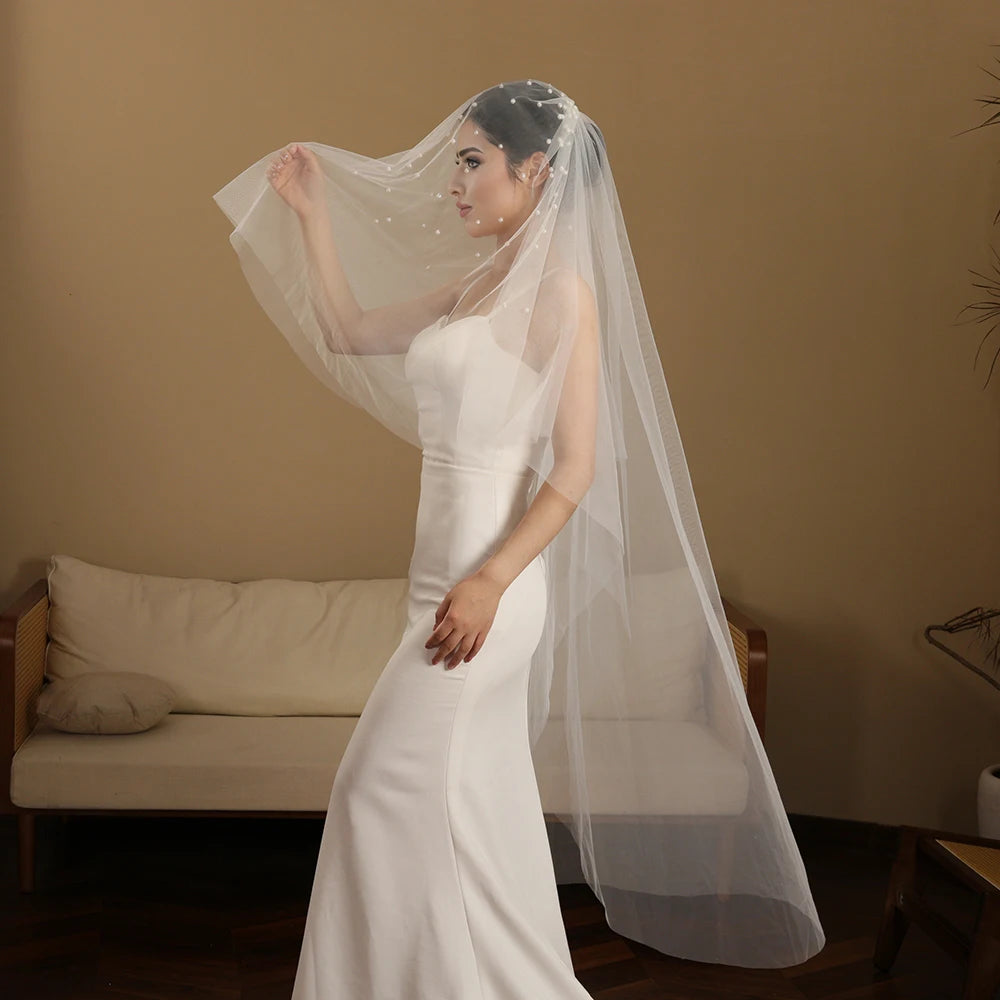 2-Tier Pearl Beaded Wedding Veil – Soft Tulle Bridal Accessory