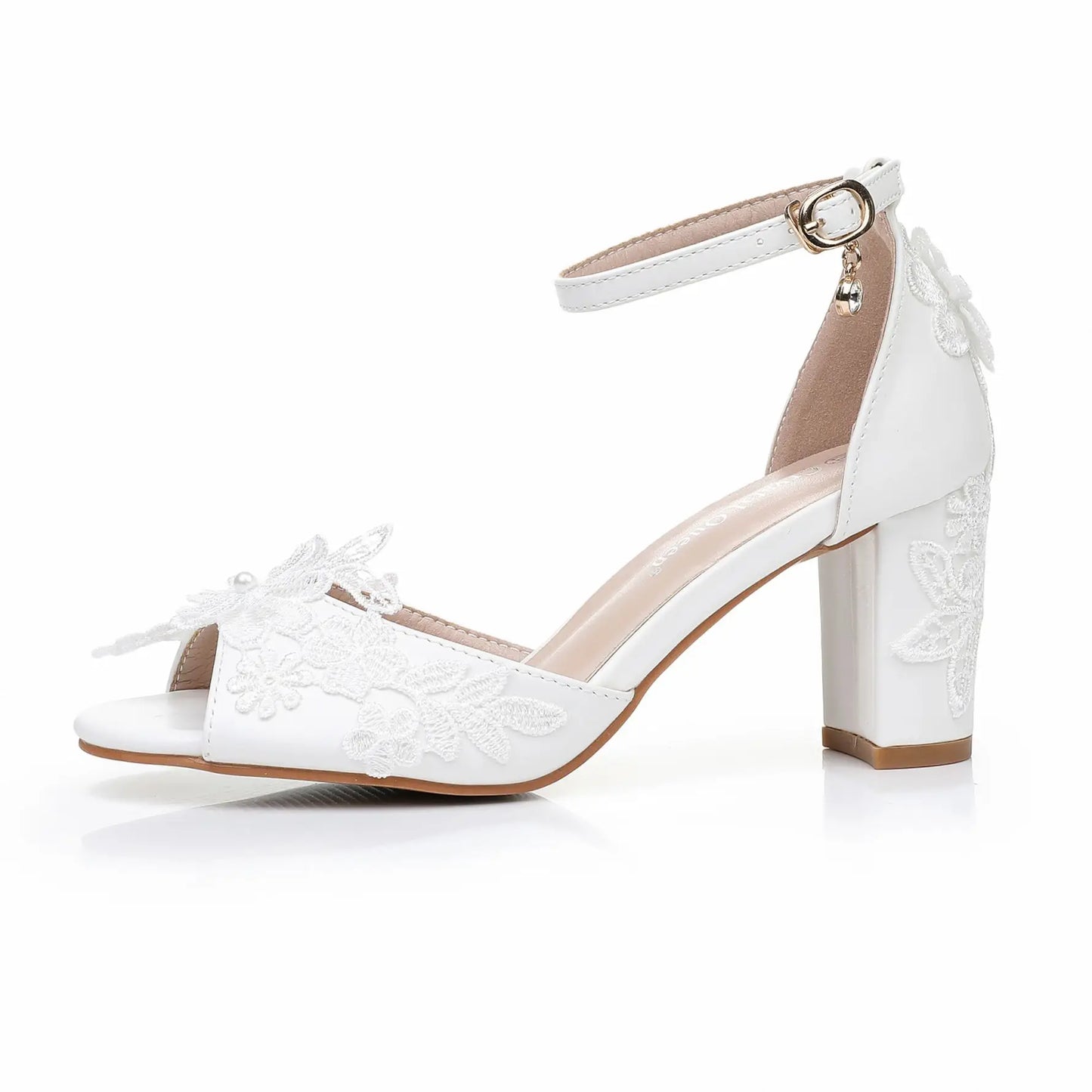 7CM White Lace Pearl Ribbon Sandals – Square Heel Open Toe Wedding Shoes