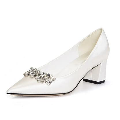 White Rhinestone Bridal Pumps – Thick Heel Pointed Toe Mid-Heel Wedding Shoes