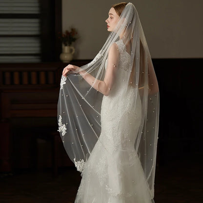 Canan Pearl & Lace Appliqué Bridal Veil – One-Layer Long Tulle