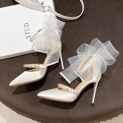 Elegant White Pointed-Toe Bridal Heels with Sheer Bow & Crystal Strap